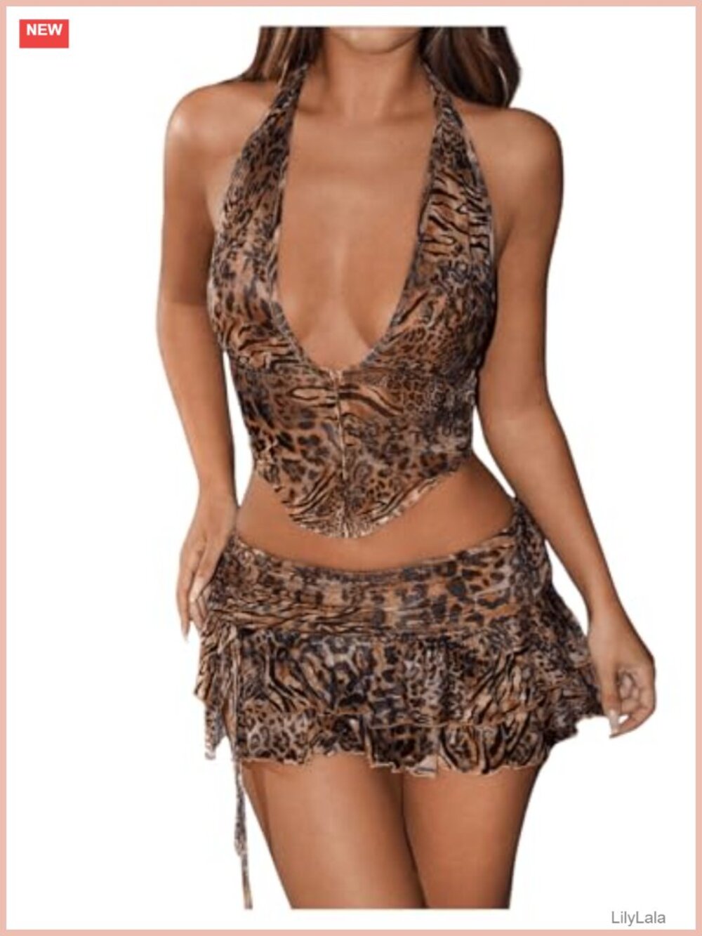 2 Piece Leopard Halter Crop Top Layered Ruffle Mini Skirt Set Y2K Clubwear